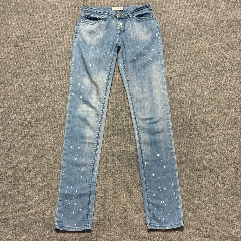 OP Womens Skinny Jeans Size 1 Blue Denim Splatter Bleach Low Rise Stretch